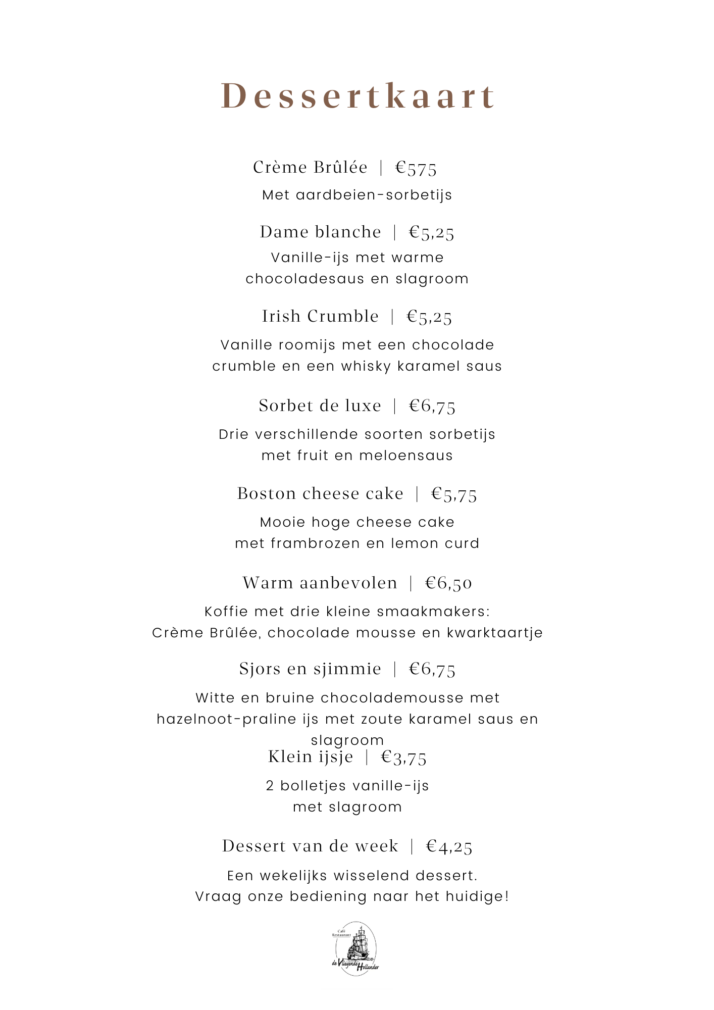 Dessertkaart De Vliegende Hollander