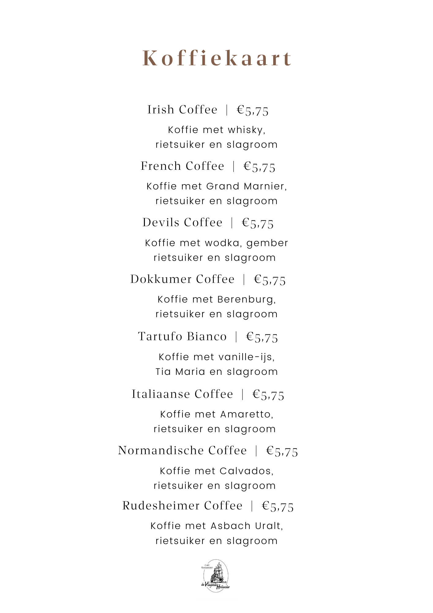 Koffiekaart De Vliegende Hollander